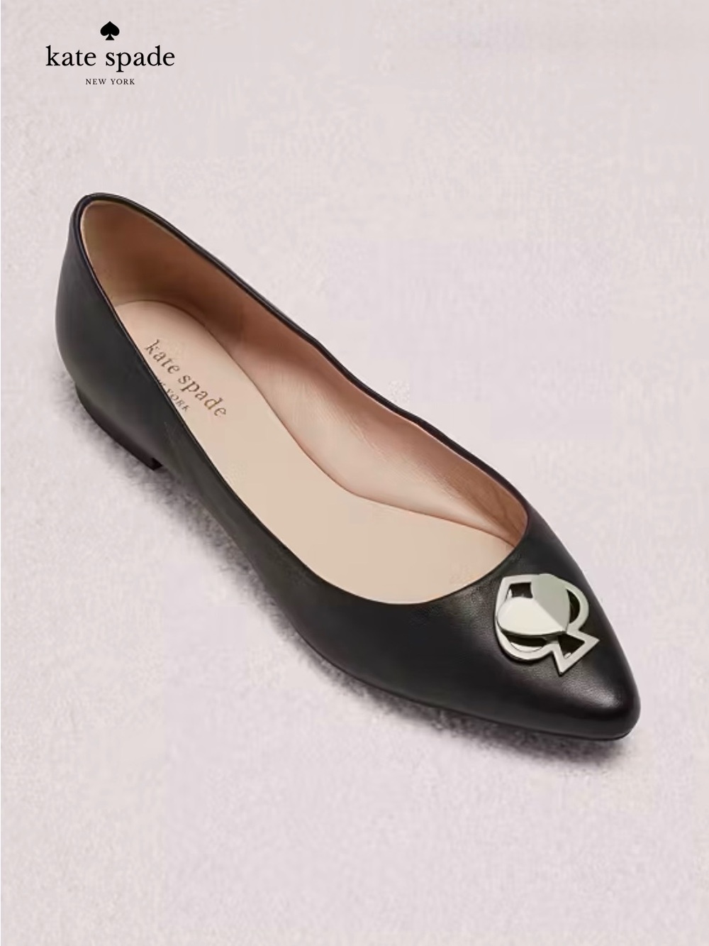 Kate Spade Black Pointed Toe Flats with Gold Spade Hardware